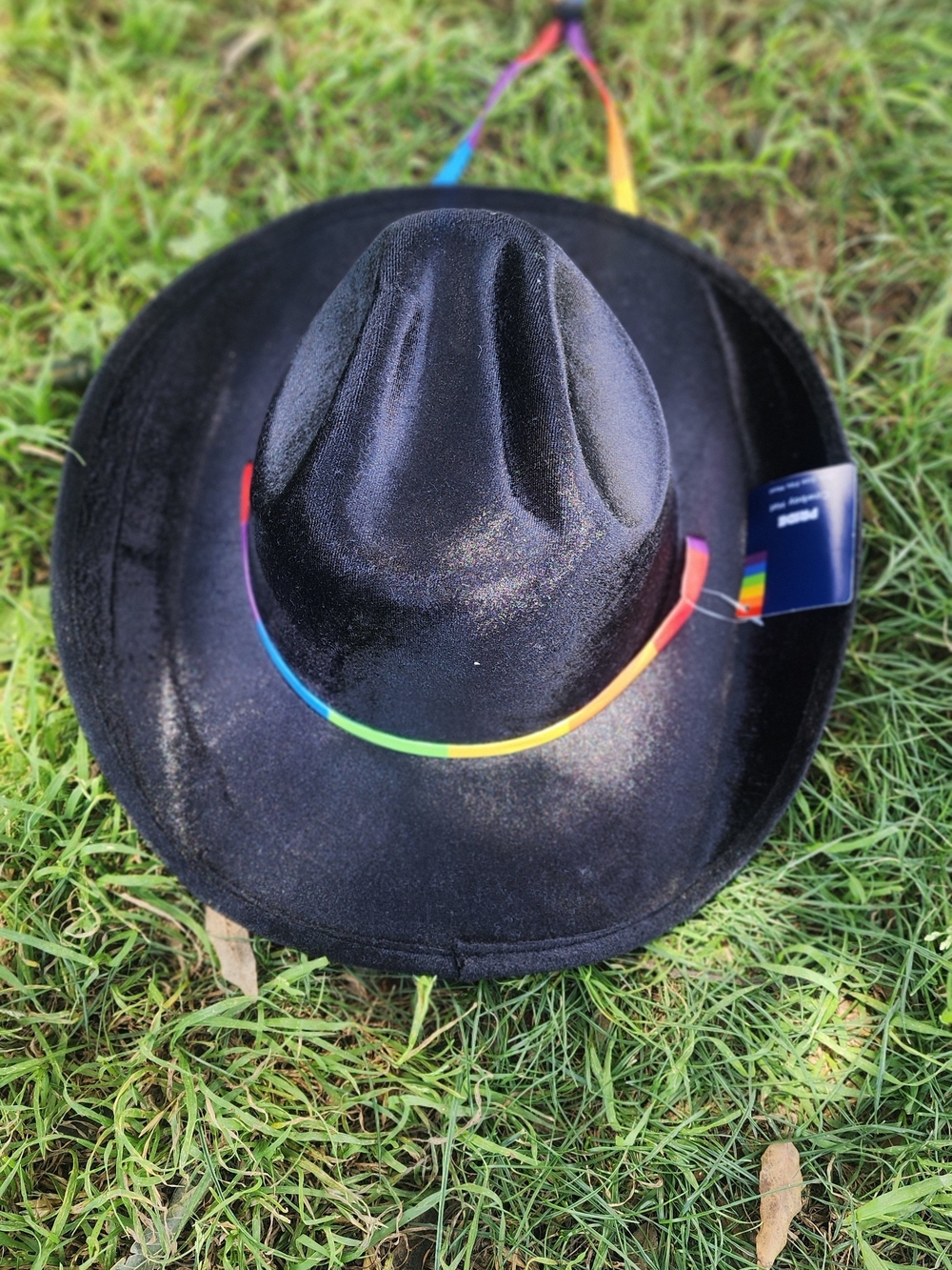 Black Velvet Cowboy Hat with Rainbow Chin Strap